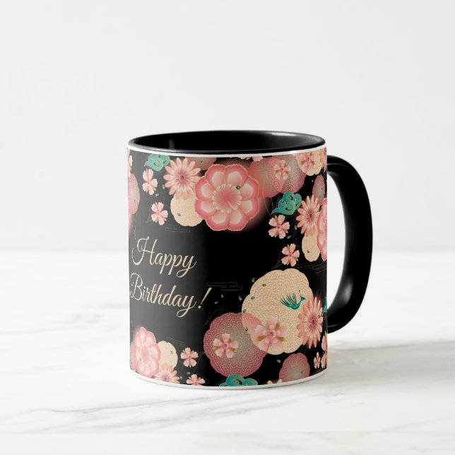 Happy Birthday Spring Peach Flowers Garden Pattern Mug (Front Right)
