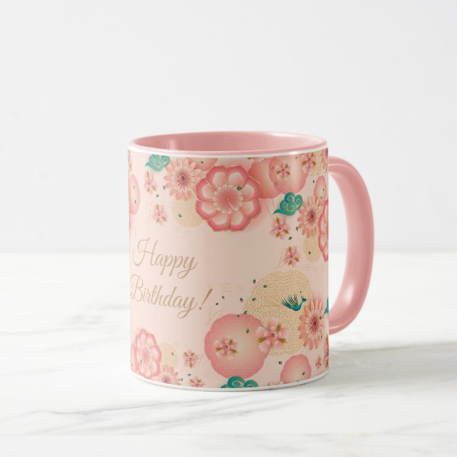 Happy Birthday Spring Peach Flowers Garden Pattern Mug (Front Right)