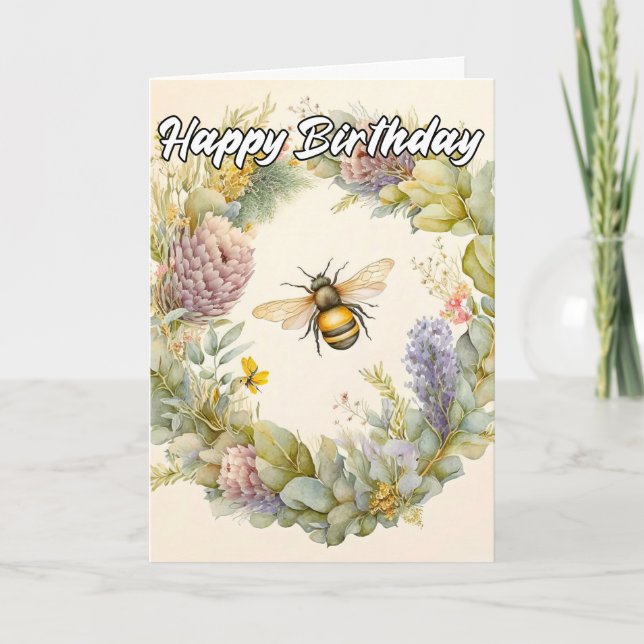 Happy Birthday | Springtime Bumblebee Illustration Card (Front)