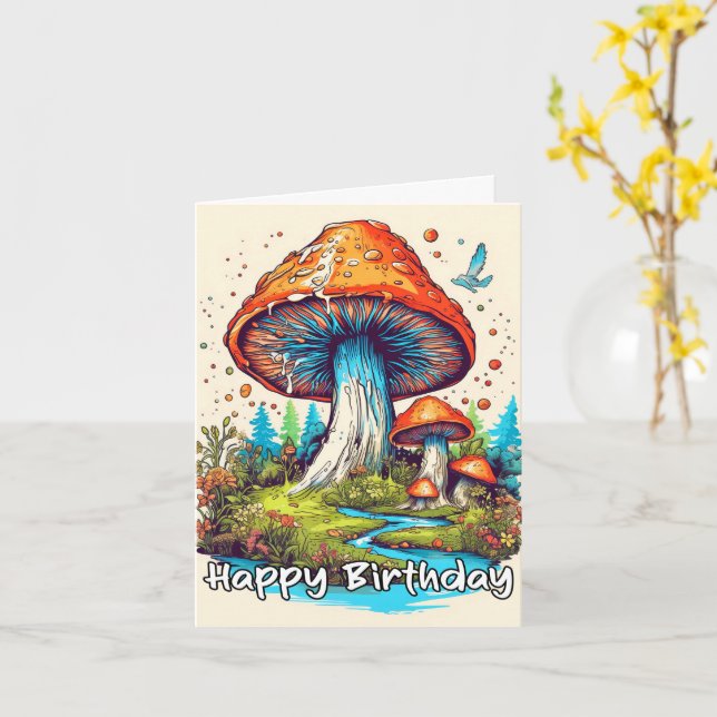 Happy Birthday Sprouting Forest Mushrooms Card (Yellow Flower)