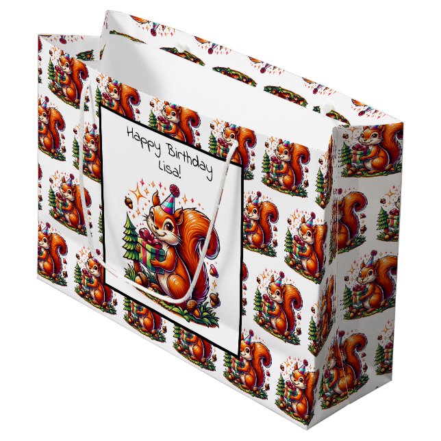Happy Birthday Squirrel Cute Cartoon Large Gift Bag (Front Angled)
