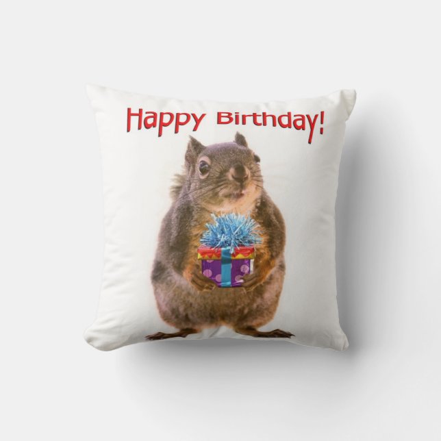 Happy Birthday Squirrel with Present Cushion (Front)