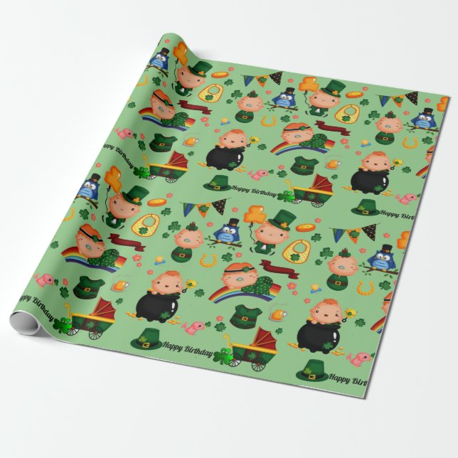 Happy Birthday St. Patrick's Day Wrapping Paper (Unrolled)
