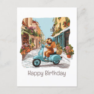Happy Birthday Standard Poodle Dog Riding Scooter Postcard
