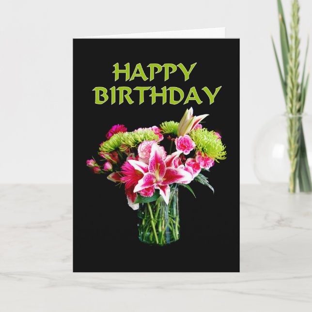 Happy Birthday, Stargazer Lily Bouquet Card (Front)