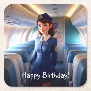 Happy Birthday Stewardess Square Paper Coaster
