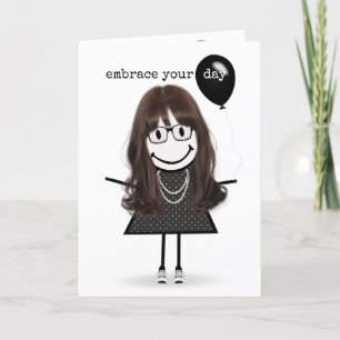 Happy Birthday Stick Figure Girl with Balloon Card