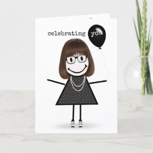 Happy Birthday Stick Figure Girl with Balloon  Card