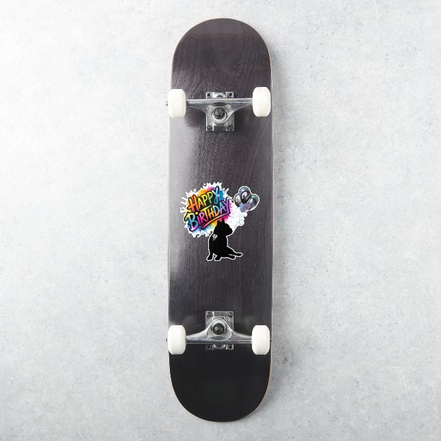 Happy Birthday sticker with frenchie and balloons (Skateboard)