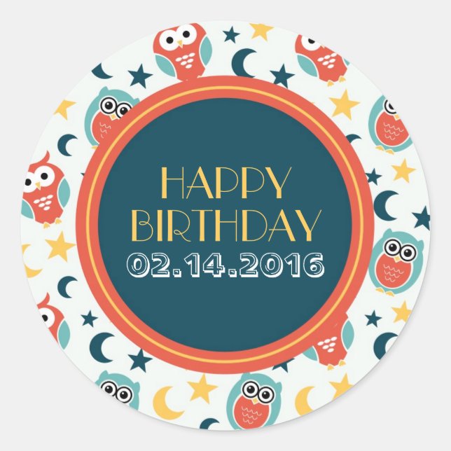 Happy Birthday Stickers Baby Owl Cartoon (Front)