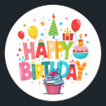 Happy Birthday Stickers, Round Shape Classic Round Sticker<br><div class="desc">Add a pop of fun to any birthday celebration with this cheerful cartoon-style sticker! Featuring a vibrant round design with playful characters and bold, happy colors, this sticker is perfect for decorating gift bags, party favors, envelopes, or scrapbooks. Whether you're planning a kid’s birthday bash or sending festive greetings, this...</div>