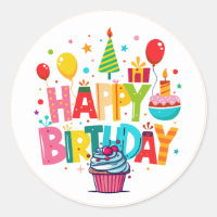 Happy Birthday Stickers, Round Shape