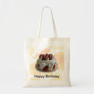 happy birthday strawberry, chocolate cake tote bag