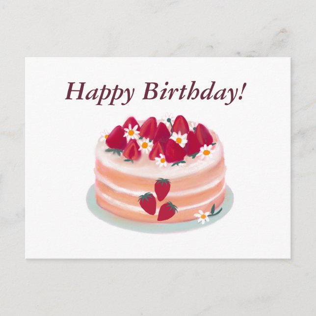 Happy Birthday Strawberry Fruit Cake and Flowers Postcard (Front)
