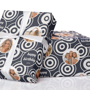Happy Birthday Stylish Photo Collage Retro Grey Wrapping Paper