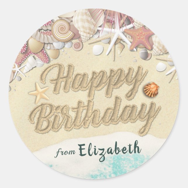 Happy Birthday Summer Beach Starfish Sea shells Classic Round Sticker (Front)