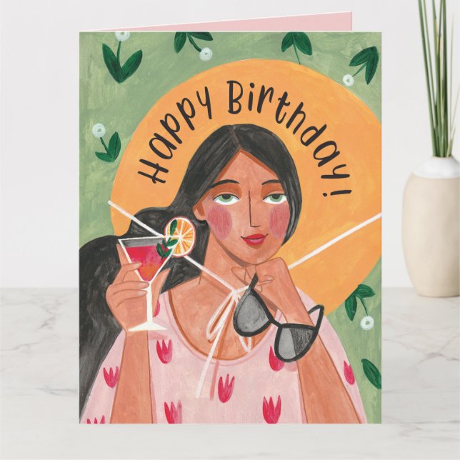 Happy Birthday Summer Cocktail Woman Card (Front)