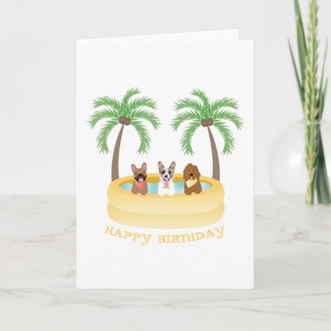 Happy Birthday Summer Dogs Swimming Pool Card (Front)