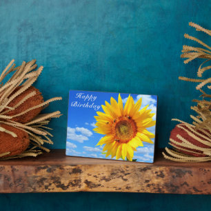 Happy Birthday - Sunflower and Bees on Blue Sky Pl Plaque