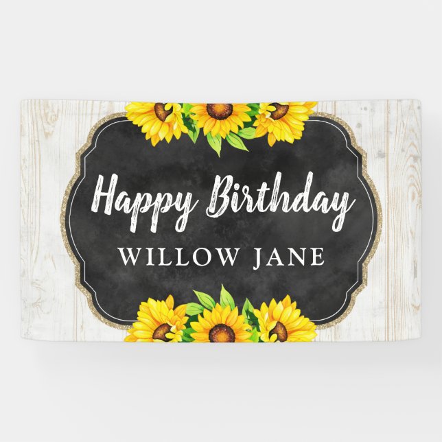 Happy Birthday Sunflower & Rustic Wood Party Decor Banner (Horizontal)
