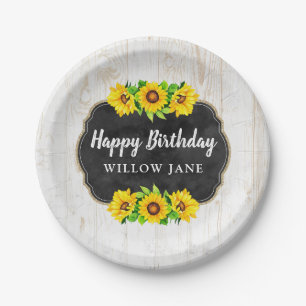 Happy Birthday Sunflower & Rustic Wood Party Decor Paper Plate