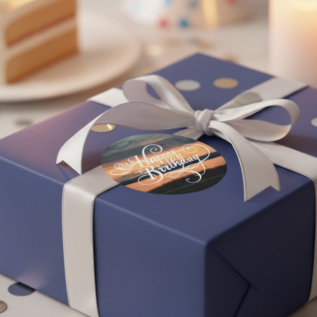 Happy Birthday Sunset Classic Round Sticker (Happy Birthday Sunset Classic Round Sticker)