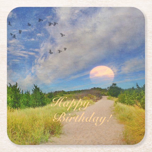 Happy Birthday Sunset Path To Beach Paper Plate Square Paper Coaster (Front)