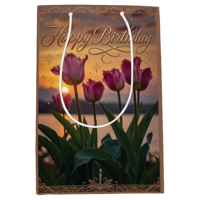 Happy Birthday Sunset Tulips Greeting Medium Gift Bag (Front)