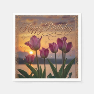 Happy Birthday Sunset Tulips Greeting Napkin