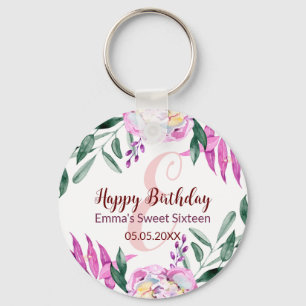 Happy Birthday Sweet 16 Party favour pink floral Key Ring