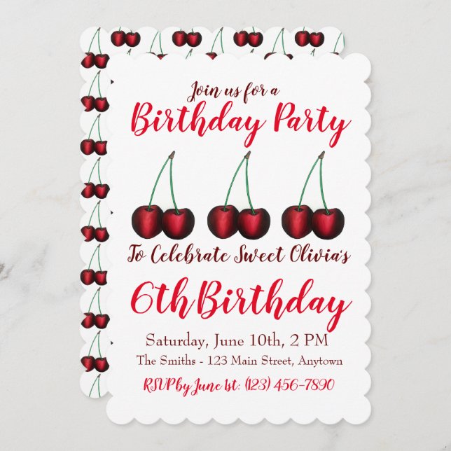 Happy Birthday Sweet Cherry Cherries Fruit Print Invitation (Front/Back)