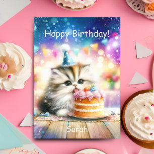 Happy Birthday Sweet Kitty With Cake Personalise Card