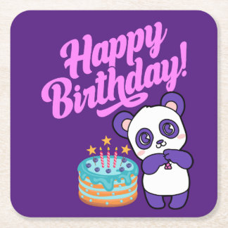 Happy Birthday Sweet Purple Panda Square Paper Coaster