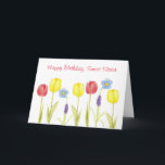 Happy Birthday Sweet Sister Tulip Flowers Card<br><div class="desc">A colourful happy birthday to a sweet sister decorated with spring flowers with yellow and red tulips,  blue flowering flax and grape hyacinths.  Cheerful birthday card to let your sister know you're thinking of her on her special day!</div>