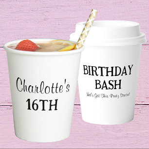 Happy Birthday Sweet Sixteen Name Black & White Paper Cups