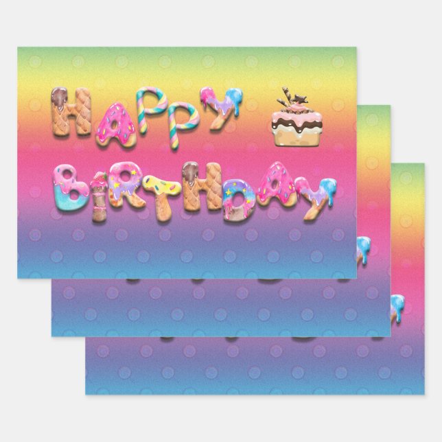Happy Birthday Sweet Treats Colourful      Wrapping Paper Sheet (Set)