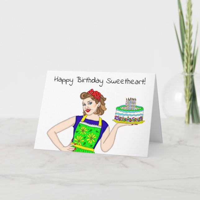 Happy Birthday Sweetheart Retro Lady Holding Cake Card (Front)