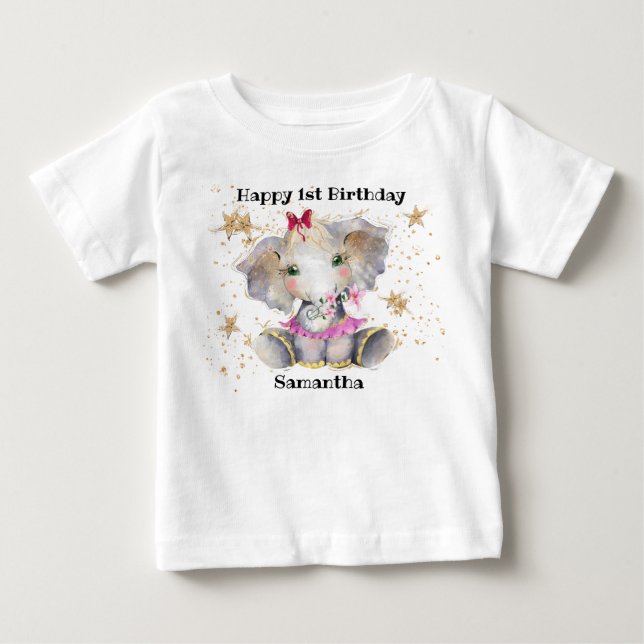 Happy Birthday T-Shirt, 1st Birthday Baby Elephant T-Shirt (Front)