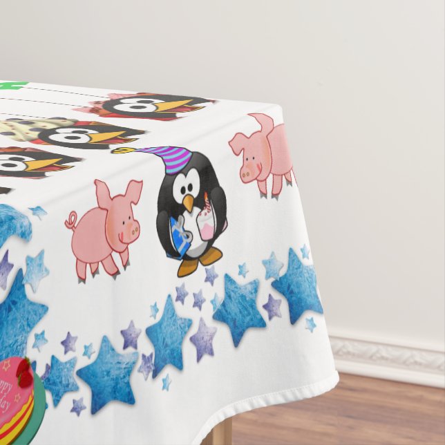 Happy Birthday Tablecloth Penguin Pink Pigs (In Situ)