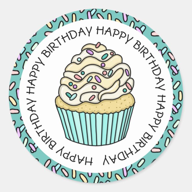 Happy Birthday Teal and Vanilla Cupcake   Classic Round Sticker (Front)
