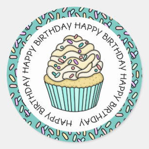 Happy Birthday Teal and Vanilla Cupcake  Classic Round Sticker