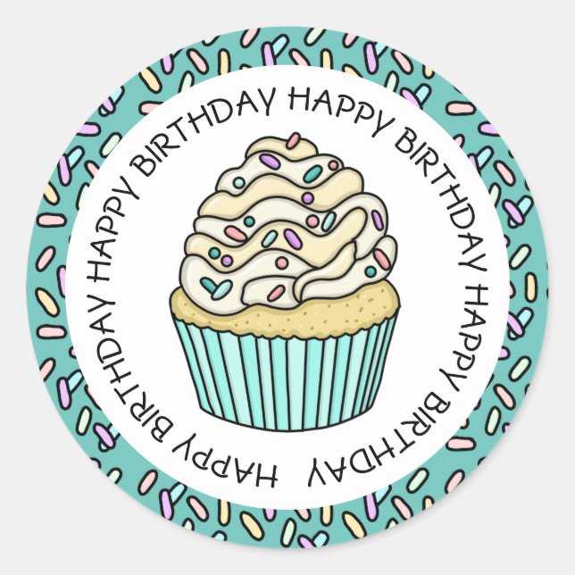 Happy Birthday Teal and Vanilla Cupcake  Classic Round Sticker (Front)