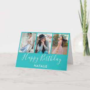 Happy Birthday Teal and White 3 Photo Collage Card
