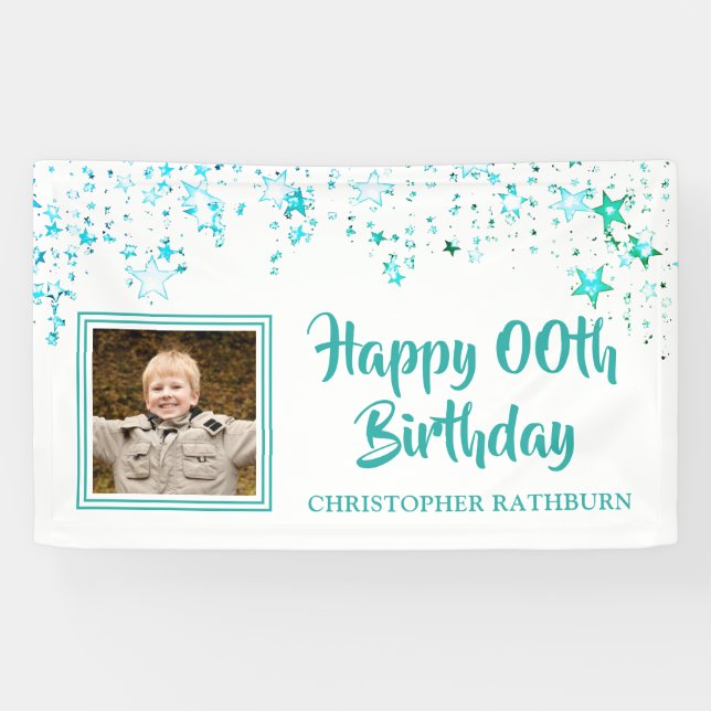 HAPPY # BIRTHDAY Teal Turquoise Stars Photo Banner (Horizontal)