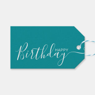 Happy Birthday Teal White Modern Gift Tags