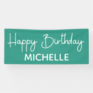 Happy Birthday Teal White Whimsical Script Banner
