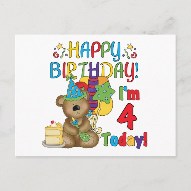 Happy Birthday Teddy Bear 4th T-shirts and Gifts Postcard (Front)