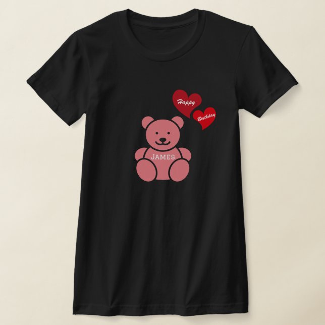 Happy Birthday Teddy Bear and Hearts, Personalised T-Shirt (Laydown)