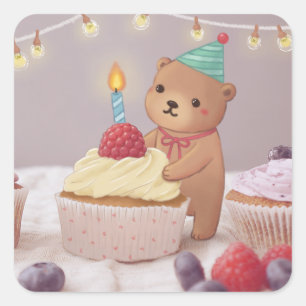 Happy Birthday: Teddy Bear & Cupcakes Square Sticker
