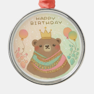 Happy Birthday Teddy Bear Illustration Metal Ornament